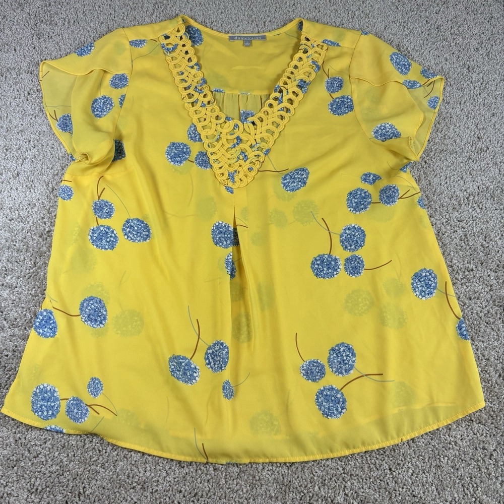 Daniel Rainn Womens Yellow Floral Blouse‎ Short Sleeve Crochet Neck Top XL